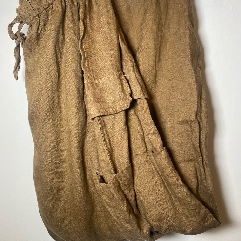 Magaschoni 100% Linen Cargo Pants Brown Fall Small Pockets Stretch Waist NWOT